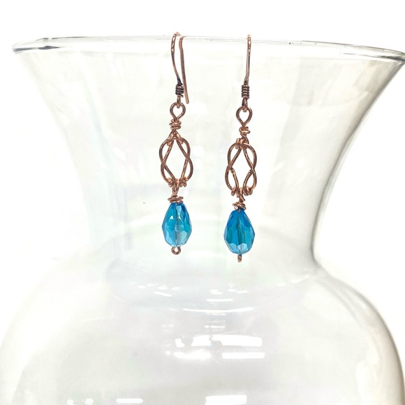 HANDMADE Love Knot Dangle Earrings Hand Wrapped Bare Copper and Crystal Jewelry - Picture 9 of 10